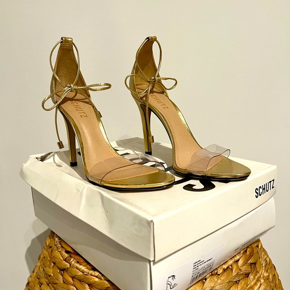 NIB Schutz Josseana Gold Platina Heels Sandals sz 8